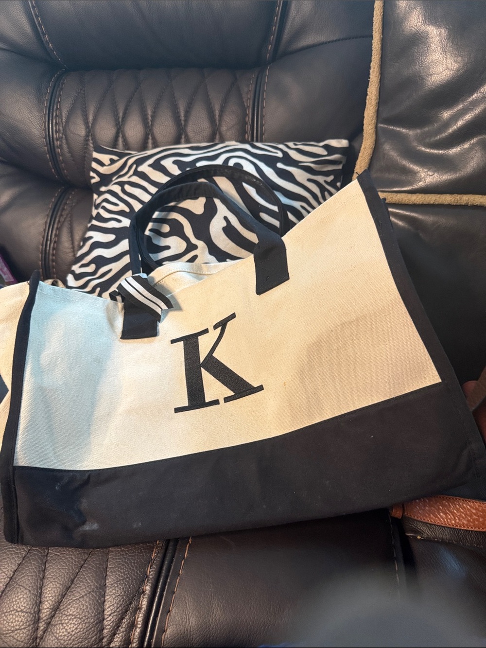 Canvas Initial Tote Bag in Cream and Black - Letter K